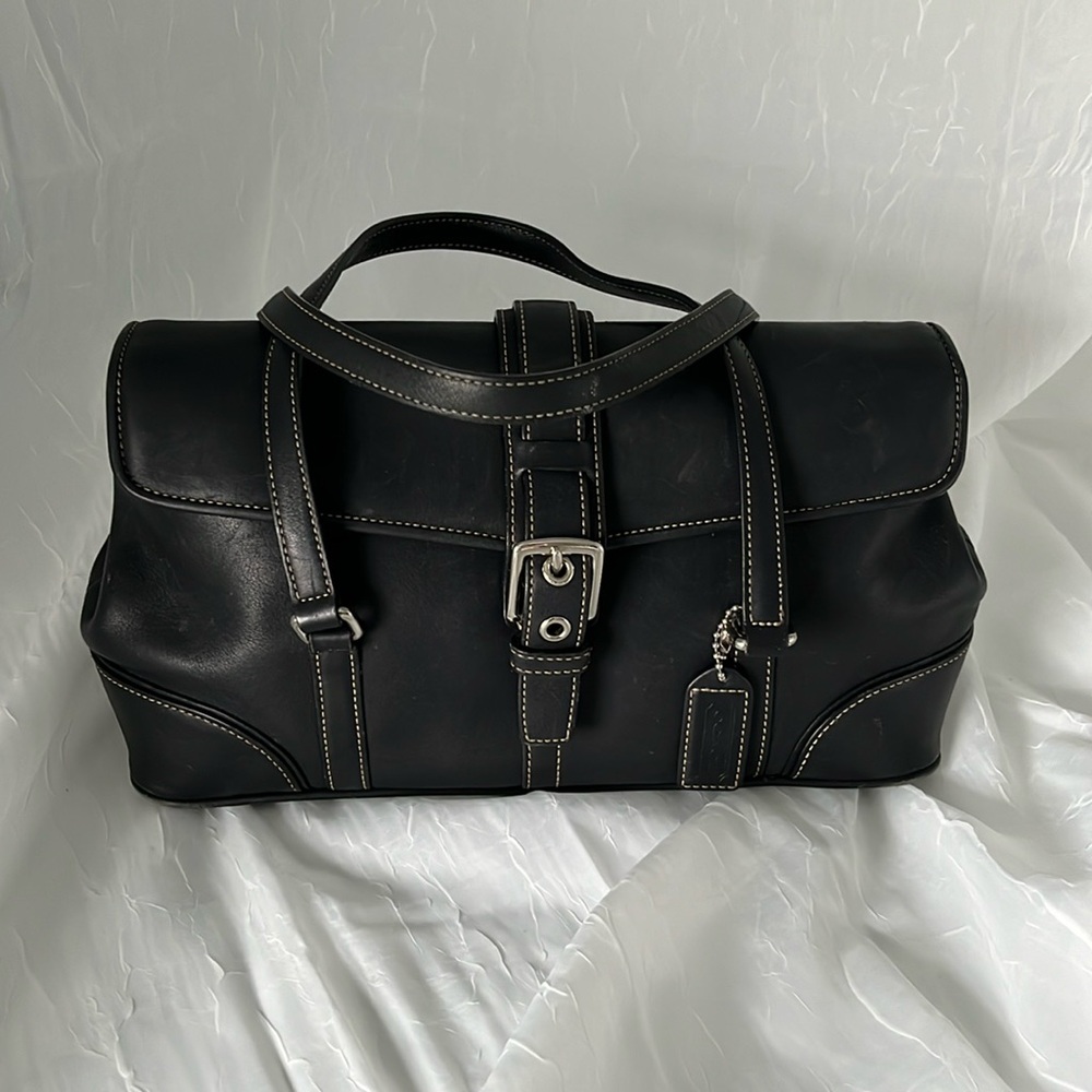 Coach Shoulder Black Leather Handbag with Magnetic Closure